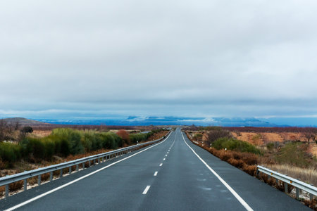 Straight road lost in the horizon on a cloudy day.の写真素材