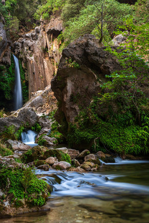 Rio Borosa with one of its many waterfalls in long exposure, Sierra de Cazorla.の写真素材