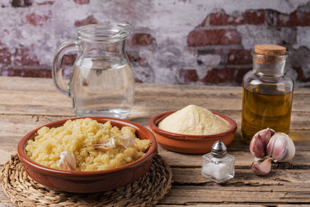 Rustic dish with crumbs, traditional Spanish food, along with the necessary ingredients for its preparation, flour, water, oil, garlic and salt.の写真素材