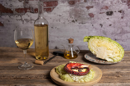 Grilled dried octopus leg on shredded cabbage leaves, on a wooden plate next to an oil can, a piece of cabbage, a bottle of white wine and a glass.の写真素材