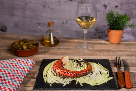 Grilled dried octopus leg on a bed of shredded cabbage leaves on a stone plate, along with cutlery, an oil can, olives and a glass of white wine.の写真素材