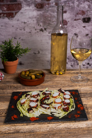 Grilled dried octopus leg on a bed of shredded cabbage leaves on a stone plate, next to some olives, a bottle of wine and a glass of white wine.の写真素材