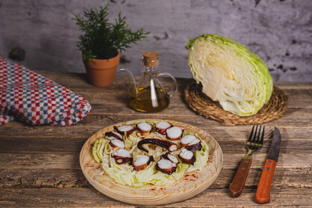 Dried octopus leg cut into pieces on shredded cabbage leaves on a wooden plate, on a rustic table with cutlery, a piece of cabbage and an oil can.の写真素材