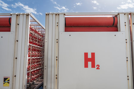 Truck with metal bottles joined by tubes used for the transport of hydrogen, H2, according to the ADR regulations.の写真素材