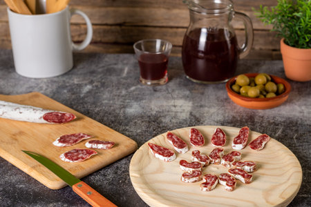 Fuet, typical Catalan sausage spread throughout Spain based on pork, bacon and pepper, cut into...