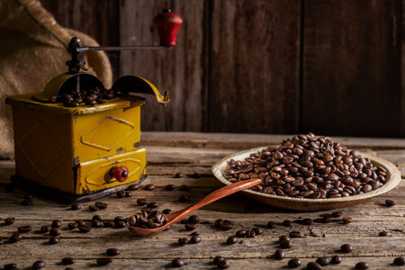 Roasted coffee beans on a plate and in a wooden spoon next to an old-fashioned grinder for grinding coffee.の写真素材