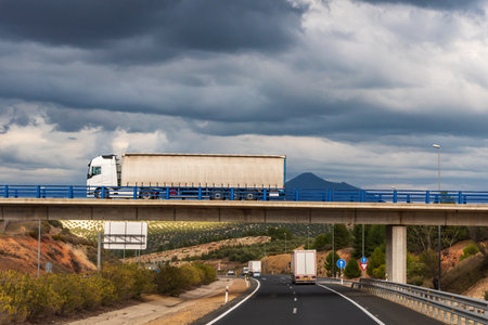 Truck driving on a bridge over a highway, where several trucks and cars circulate.の写真素材
