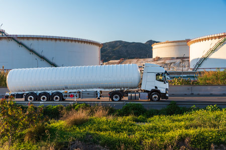 Cistern truck for the transport of cryogenic dangerous gases circulating along a road with large deposits of a refinery.の写真素材