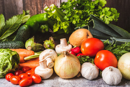 Still life based on vegetables such as celery, leeks, tomatoes, peppers, carrots, mushrooms, aubergines, potatoes, onions, garlic, cucumber, and radishes.の写真素材