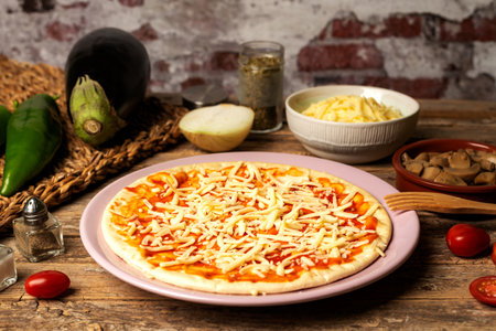 Pizza pan with tomato and mozzarella for vegans, next to the vegetables for cooking a vegetarian pizza.の写真素材