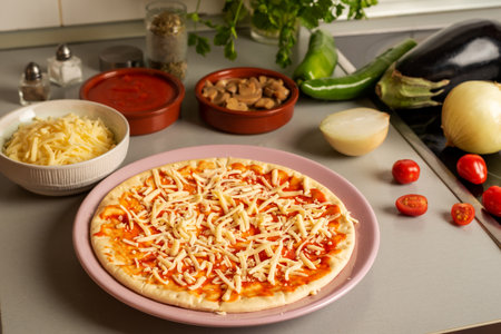 Ingredients for vegetarian pizza at home, with cheese for vegans and vegetables.の写真素材