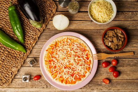 Pizza pan with tomato and mozzarella for vegans, next to vegetables for cooking a vegetarian pizza.の写真素材
