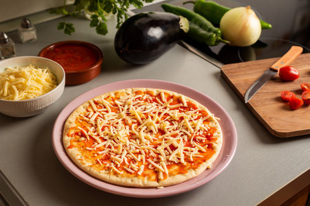Prepared for vegetarian pizza at home, with cheese for vegans and vegetables.の写真素材