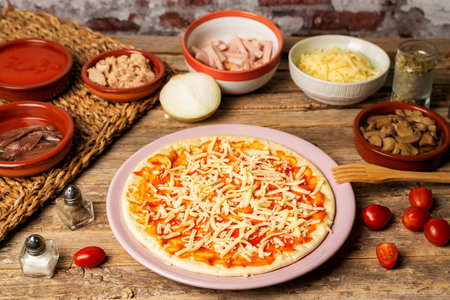 Pizza mold with tomato and mozzarella, next to the ingredients to prepare a pizza to taste.の写真素材