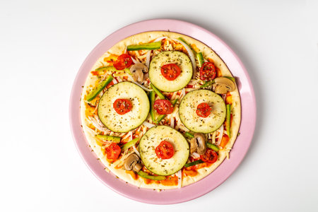 Vegetable pizza for vegetarians, with eggplant, pepper, cherry tomato, onion and mushroom.の写真素材
