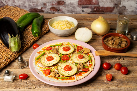 Vegetable pizza for vegetarians, with the main ingredients to make it.の写真素材