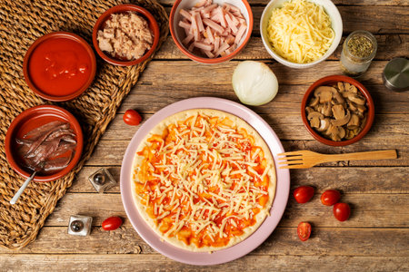 Pizza mold with tomato and mozzarella, next to the ingredients to prepare a pizza to taste.の写真素材