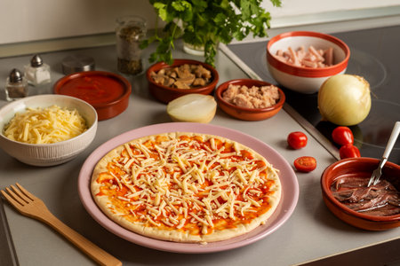 Preparing pizza in the kitchen at home, with its typical ingredients.の写真素材