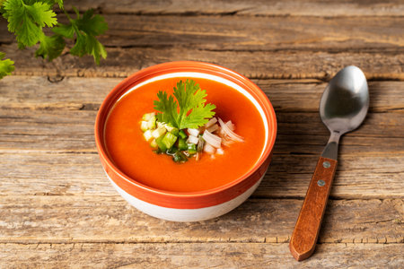 Bowl with gazpacho and pieces of vegetables, on an old and rustic wooden table.の写真素材