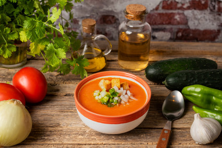Vegetables necessary to make a gazpacho around a bowl full of gazpacho with chopped vegetables and chunks of toasted bread, on a rustic wooden table.の写真素材