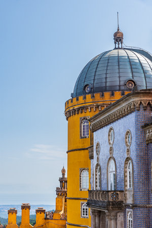 Detail of a dome of the Palace of the Feather, also called Quinta da Pena, located on top of a hill in the city of Sintra.のeditorial素材