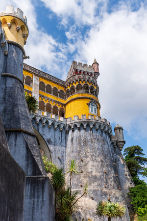 Detail of a tower of the Palace of the Feather, also called Quinta da Pena, located on top of a hill in the city of Sintra.のeditorial素材