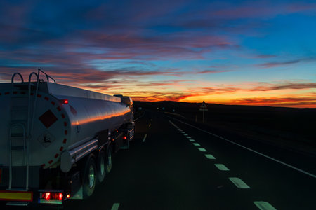 Fuel tanker truck driving on a highway at night.の写真素材