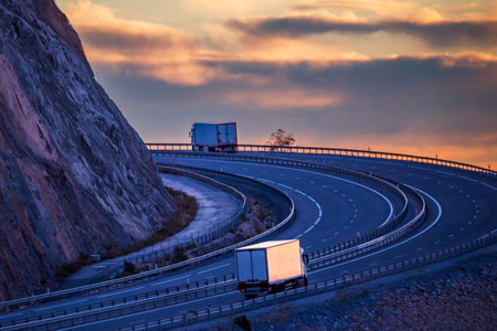 Two trucks with refrigerated semi-trailers driving on a highway with a dramatic sky.