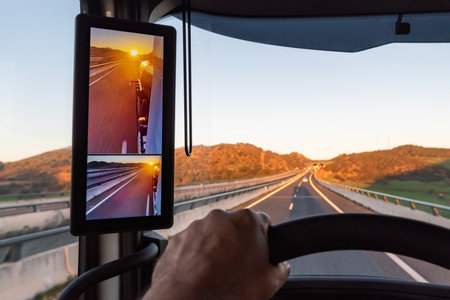 View from the driver's position of a truck on the road of a sunrise seen by the vehicle's rearview camera.の写真素材