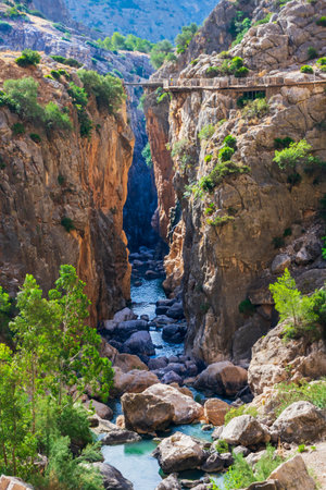 Caminito del Rey in the Gaitanes gorge in the province of Malaga, view of the new road over a canyon of the Guadalhorce river.の写真素材