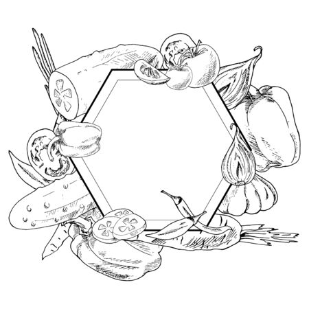 frame of black and white vegetables, cucumber, pepper, onion, tomato, contour design composition.vector illustrationのイラスト素材