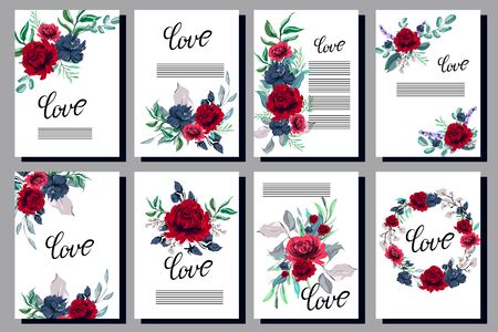 Floral poster, invite. Vector decorative greeting card or invitation design background. Set of cards with flower dew, leaves. The concept of wedding ornament.のイラスト素材