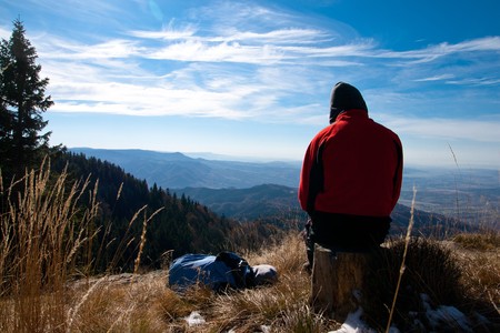 Tourists on mountain topの写真素材