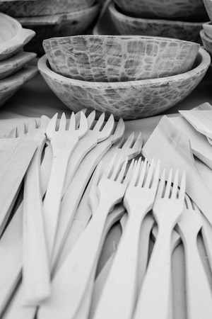 authentinc traditonal wood spoon carving sculpting romanian craftsmenの写真素材
