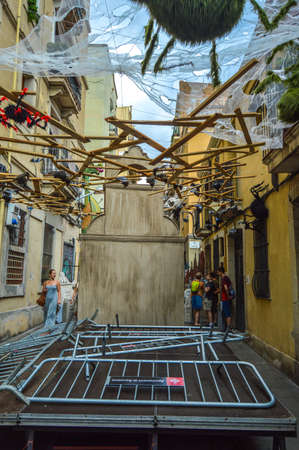 Fiesta Major de Gracia, Carrer Fraternitat de baix, Barcelona, Spain - August 2019. Decorated streets of Gracia districtのeditorial素材
