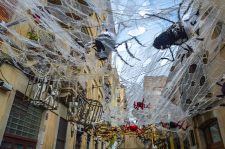 Fiesta Major de Gracia, Carrer Fraternitat de baix, Barcelona, Spain - August 2019. Decorated streets of Gracia districtのeditorial素材