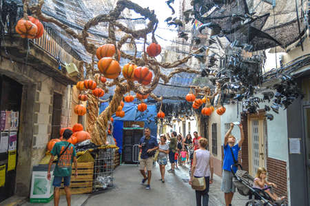 Fiesta Major de Gracia, Carrer Fraternitat de baix, Barcelona, Spain - August 2019. Decorated streets of Gracia districtのeditorial素材