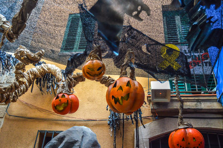 Fiesta Major de Gracia, Carrer Fraternitat de baix, Barcelona, Spain - August 2019. Decorated streets of Gracia districtのeditorial素材