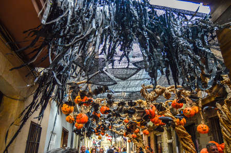 Fiesta Major de Gracia, Carrer Fraternitat de baix, Barcelona, Spain - August 2019. Decorated...