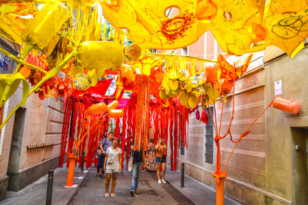 Fiesta Major de Gracia, Carrer La Perla, Barcelona, Spain - August 2019. Decorated streets of Gracia districtのeditorial素材