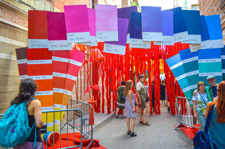 Fiesta Major de Gracia, Carrer La Perla, Barcelona, Spain - August 2019. Decorated streets of Gracia districtのeditorial素材