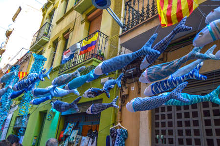 Fiesta Major de Gracia, Carrer Llibertat, Barcelona, Spain - August 2019. Decorated streets of Gracia districtのeditorial素材