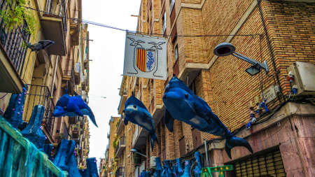 Fiesta Major de Gracia, Carrer Llibertat, Barcelona, Spain - August 2019. Decorated streets of Gracia districtのeditorial素材