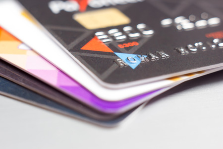 Credit cards on table. Business and finance background.の写真素材