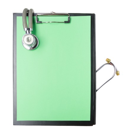 Medical clipboard and stethoscope isolated on white background. Concept of Healthcare And Medicine.の写真素材