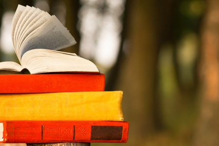 Stack of book and Open hardback book on blurred nature landscape backdrop. Copy space, back to school. Education background.の写真素材