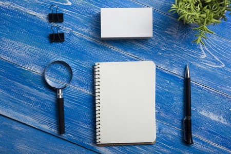 Office desk table with supplies. Top view. Copy space for text.の写真素材