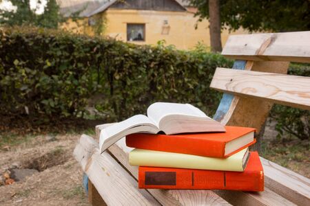 Stack of book and Open hardback book on blurred nature landscape backdrop. Copy space, back to school. Education background.の写真素材