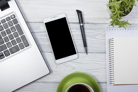 Office desk table with supplies. Top view. Copy space for text.の写真素材