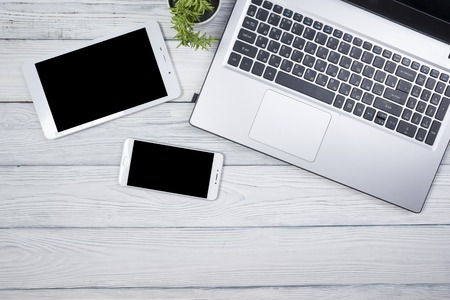 Office desk table with supplies. Top view. Copy space for text.の写真素材